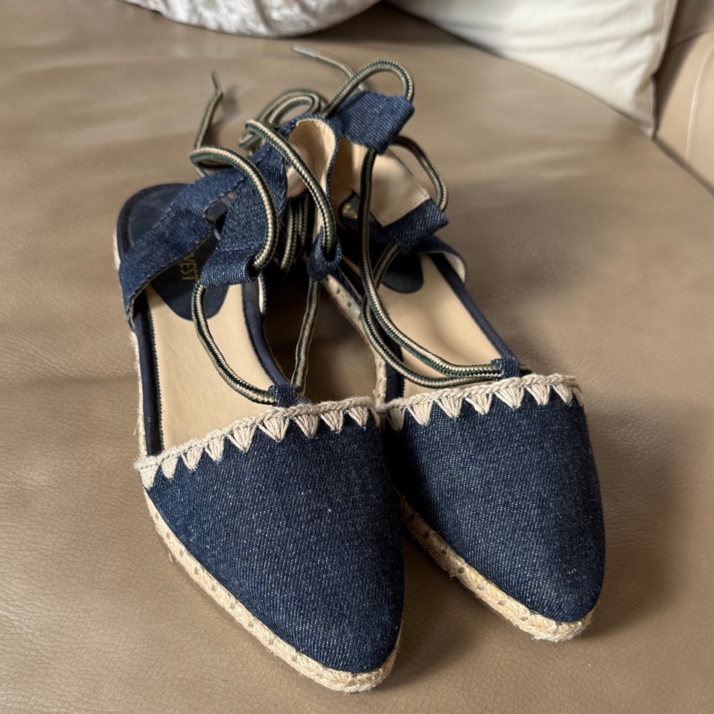 Nine West Unah Navy Denim Lace-up Espadrille Flats